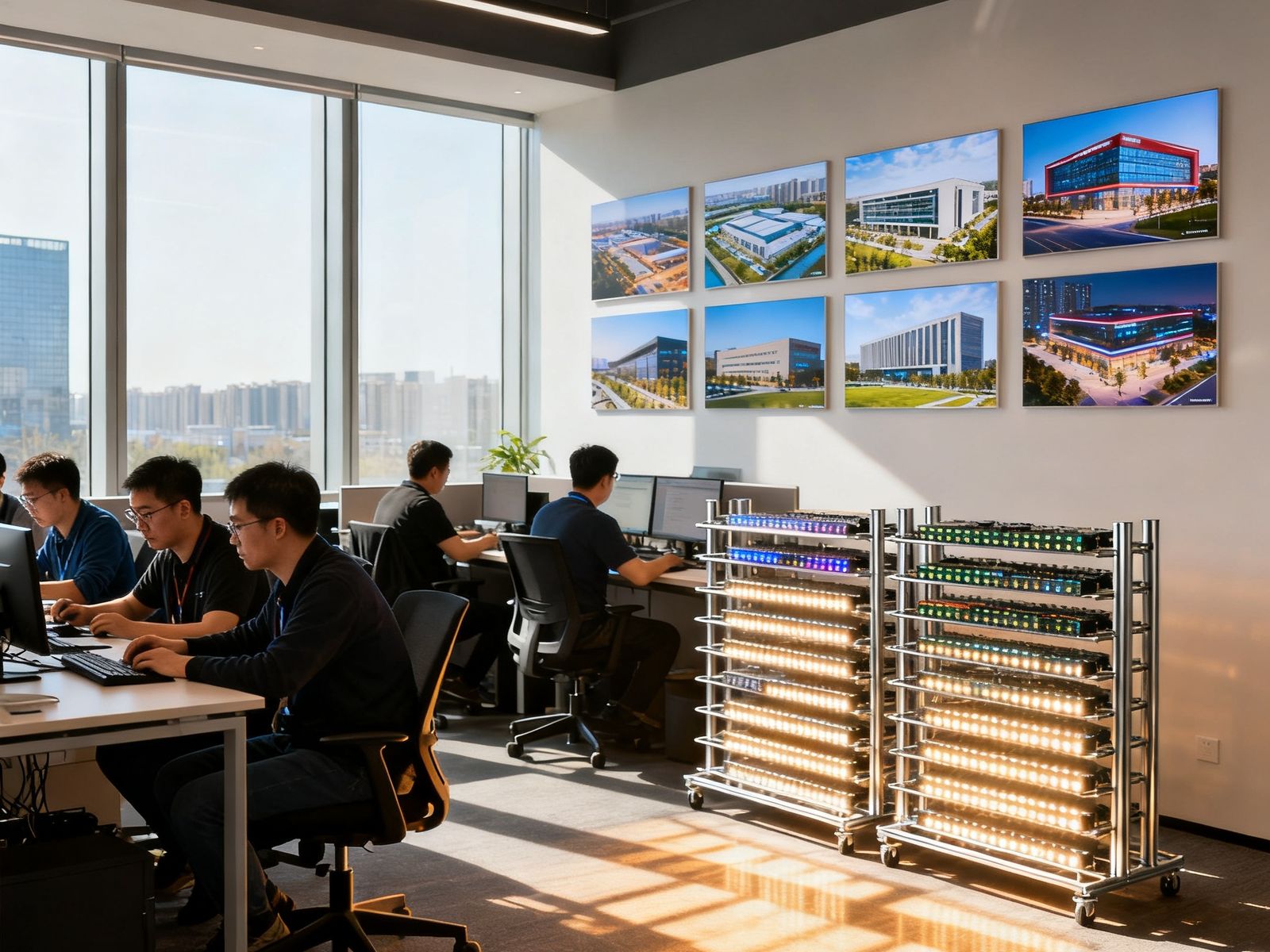 AGGAME北京总部办公区一角，数十名工程师在开放式工位上协作，背景墙上挂着多个已交付项目的实景照片，阳光透过落地窗洒在排列整齐的LED模组样品架上