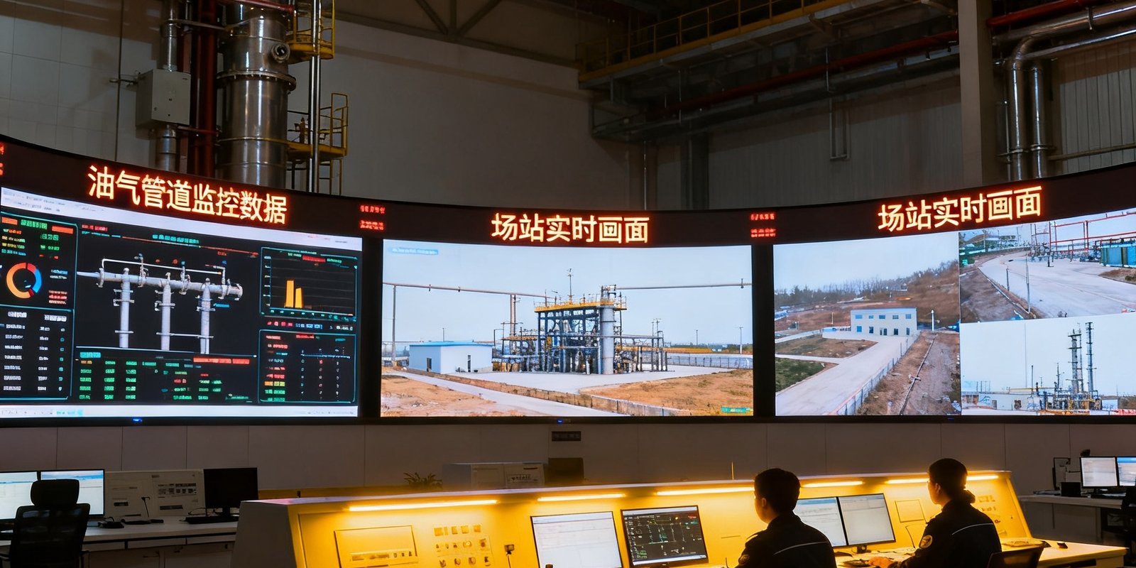 华北某大型能源集团全控中心实景，三排弧形LED大屏显示着油气管道监控数据与场站实时画面，控制台区域灯光柔和，多名调度员正在操作