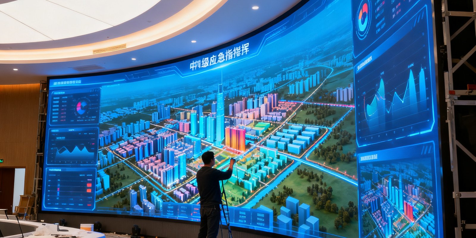 某市级应急指挥中心交付现场，弧形LED大屏已经点亮并显示着城市三维地图，技术人员正在进行最后的色彩校准工作