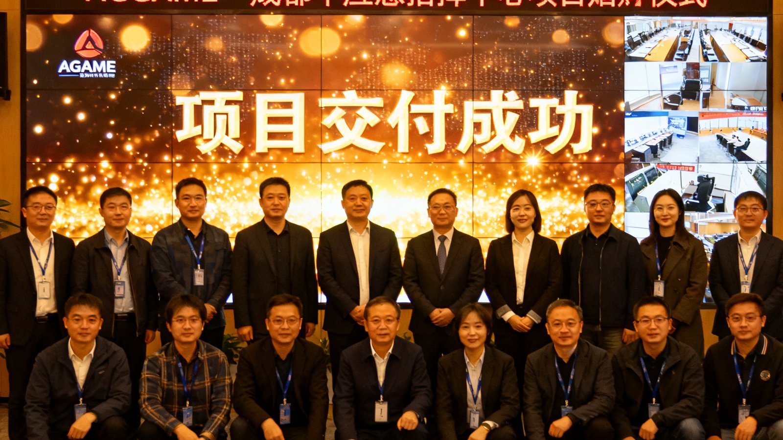 成都某应急指挥中心项目交付仪式现场，AGGAME团队与客户方代表在点亮的大屏前合影留念，屏幕显示着项目交付成功的祝贺画面