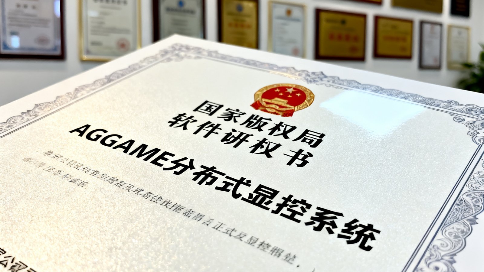 一份国家版权局颁发的软件著作权证书特写，证书上印有AGGAME分布式显控系统的名称，背景是公司荣誉墙
