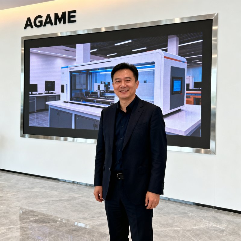 AGGAME创始人周明远站在公司展厅前，身后是一块正在播放产品演示视频的LED大屏，他穿着深色西装，神态自信从容