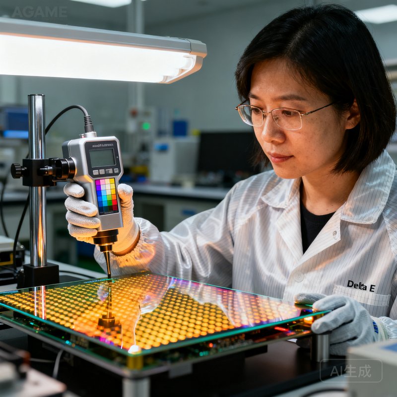 AGGAME技术总监林晓薇在实验室中手持色彩校准仪器，面前是一块正在进行Delta E测试的LED模组，她戴着防静电手套，神情专注